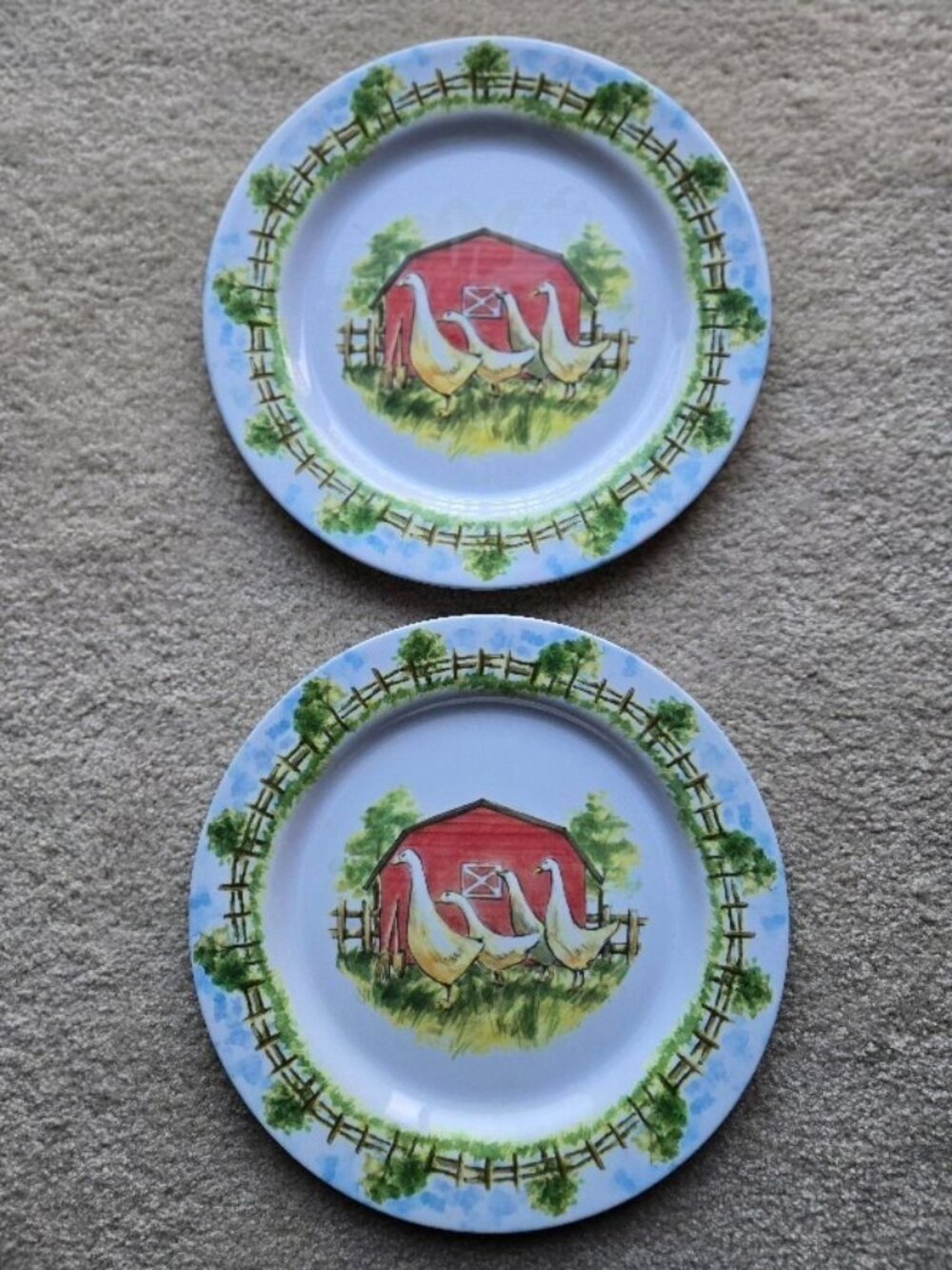Two Heavy White Melamine Plates with 4 Geese in Country Setting 12 in. Diameter - Picture 1 of 3